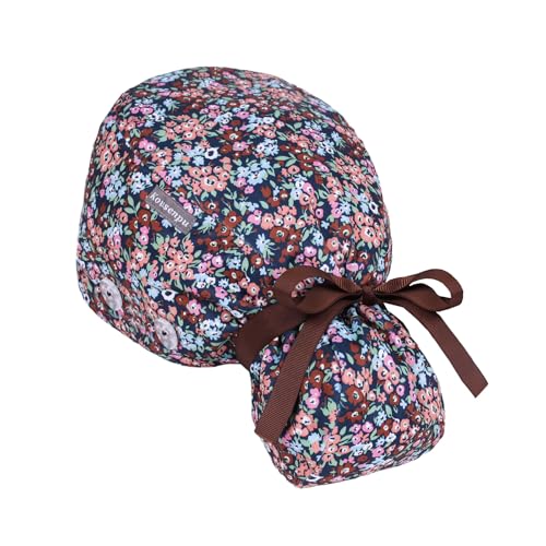 Satin Lined Scrub Cap Women with Ponytail Hole & Buttons,Adjustable Surgical Nurse Hat with Cotton Sweatband for Long Hair (Vintage Floral)
