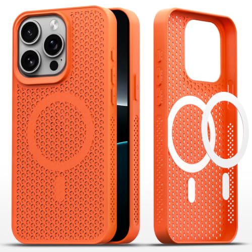 Image of Outlouders Back Cover for iPhone 16 Pro Max | Honeycomb Cooling Design | Silicone Heat Dissipation | Mag-Safe Compatible | Shockproof Camera Protection Bumper Case (Orange Mag-Safe)