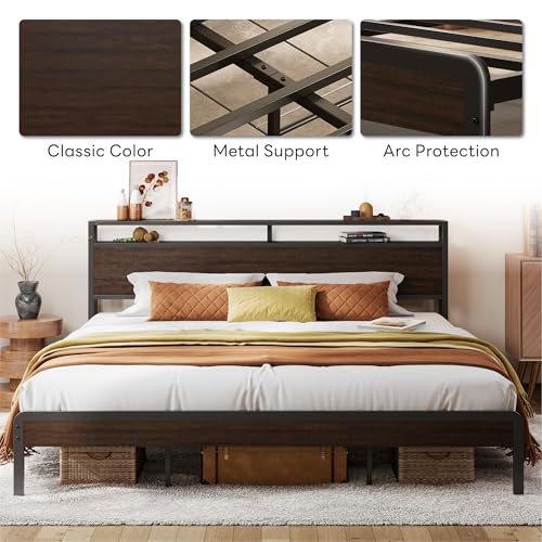 Image of LIKIMIO King Bed Frame with Headboard, Dark Wood Camas King with Strong Supports, Sturdy, Noise-Free, No Box Spring Needed, Dark Brown