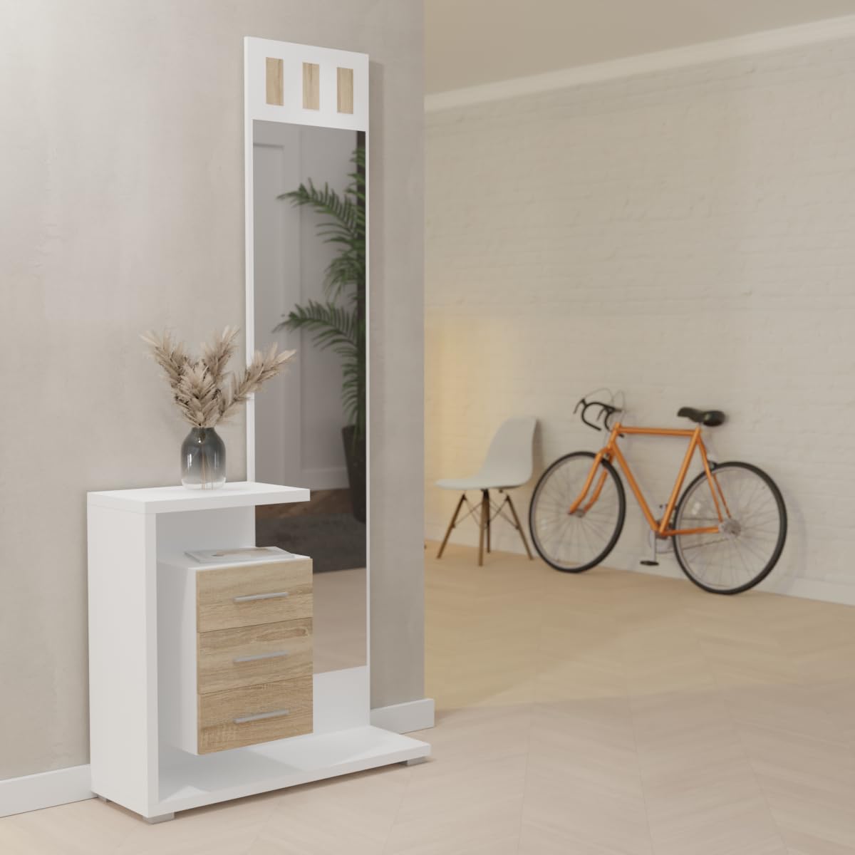 Somnia - Mueble Recibidor Vertical, Modelo Celine, Práctico y Funcional, Color Blanco y Cambria, Medidas: 85 cm Largo x 28 cm Fondo x 190 cm Alto