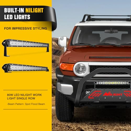 Image of Nilight Bull Bar with Light Bar&License Plate Hole Compatible with Toyota Fj Cruizer 2007-2014 Truck Brush Guard, Front Bumper Push Bar w /Grille Skid Plate Light Mount