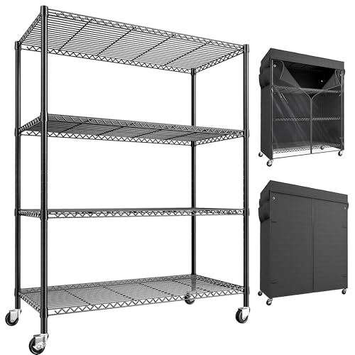 REIBII 4-Tier Storage Shelves Wire Shelving Unit with Cover & Wheels, Heavy Duty Metal Shelving for Garage Storage Rack Commercial Shelf, 36