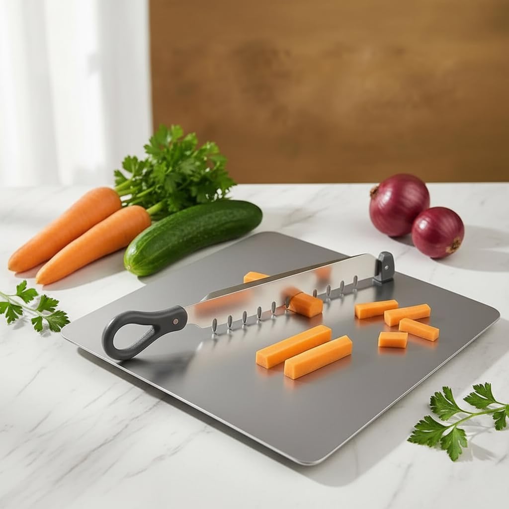 SR 304 Stainless Steel Chopping Board with Knife for Kitchen | 2 in 1 Chopping Board for Cutting Vegetables, Meat | SS Choping Board with Knife Set | Cutting & Choping Board | Kitchen Tools(25x35) — Amazon image 3
