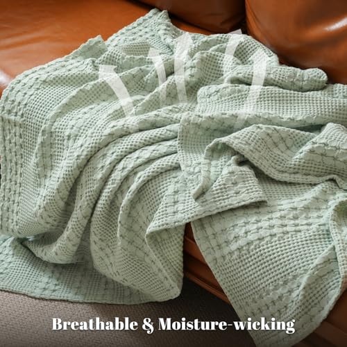Image of PHF 100% Cotton Waffle Blanket King Size for Bed, Lightweight Breathable and Soft for Summer, Luxury Aesthetic Waffle Weave Blanket for Home Decor & Gifts for Women, 108 inchx90 inch, Mint Green