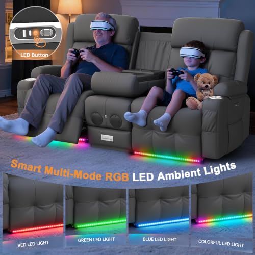 Image of Home Theater Seating, Power Loveseat Recliner Sofa with Massage & Heat, Wall Hugger Reclining Loveseat with USB, RV Couch with LED Lights, Flip Backrest, Cup Holders for Movie Theater & Gaming Room
