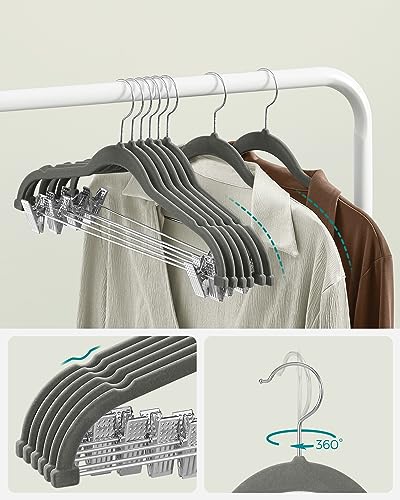 Image of SONGMICS Set of 10 Velvet Trouser Hangers with Adjustable Clips | Non-Slip, Space-Saving, 42.5 cm Long, for Skirts, Coats, Dresses, Grey, Hangers, Trouser Hanger CRF012G10