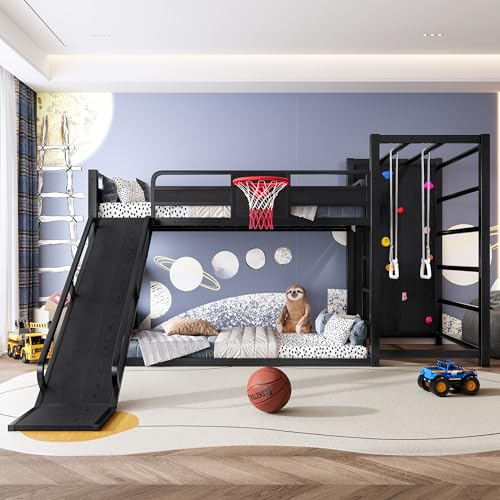 Bellemave Twin Size Bunk Bed with Basketball Hoop Pull-up Rings and Climbing Wall Twin Bunk Bed with Slide and Bookcase Heavy Duty Bunk Beds with Guardrail Black