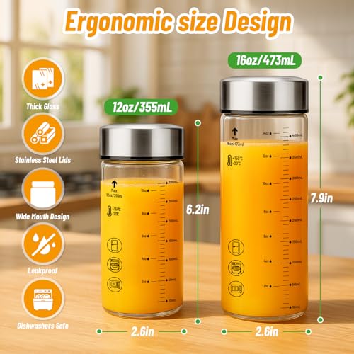 Image of Luxfuel 16 oz Glass Juice Bottles with Lids, 6 Pack Wide Mouth Borosilicate Glass Bottles with Stainless Steel Lids, Heat-Resistant, Leakproof & Reusable for Juicing, Smoothies, Milk, Water, BPA-Free