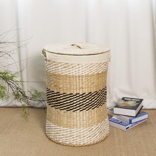 Loomveil Hand Wicker Laundry Basket with Lid,Hand Woven Laundry Hamper with Removable Liner,21 inch High,Multicolor,BZCY008P