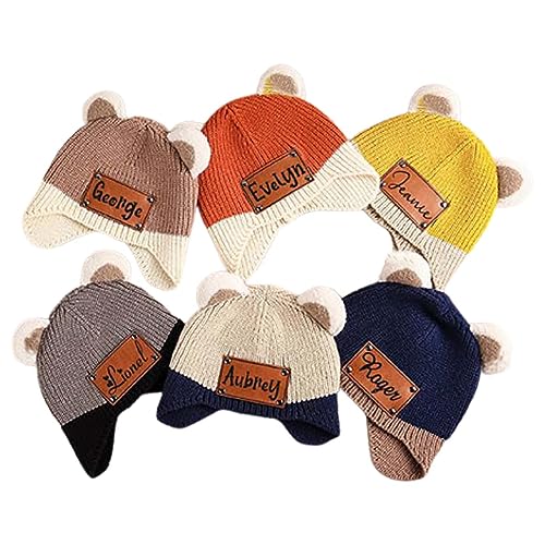 Personalized Baby Beanie Hat, Custom Kids Name Winter Warm Hats with Leather Patch Toddler Knit Double Pom Pom Flake Hats for Infant Gift Blue