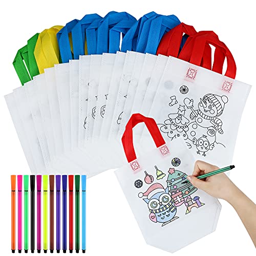 16 Pcs Sacs Fourre Tout Graffiti, Bricolage Graffiti Sac Fourre-Tout Diy Sac de Peinture et 12 Pcs Stylos à Colorier Non Tissé Sac A Colorier Pour Le Bricolage, Les éColes et Les CéLéBrations