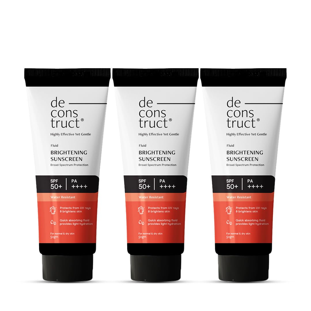 Deconstruct Dry Skin Brightening Fluid Sunscreen SPF 50+ with Niacinamide | Lightweight, Hydrating & Dewy | UVA/UVB Protection | 8-Hour Wear, Water-Resistant, No White Cast | 50g | Pack of 3