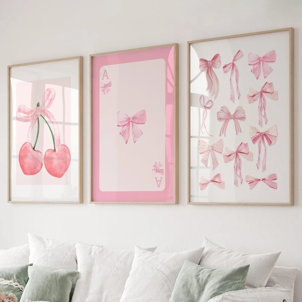 HURCP Set Of 3 Canvas Poster Trendy Watercolor Pink Bows Cherry College Apartment Cute Girl Wall Art Painting Gift Bedroom Living Room Dorm Gallery Corridor Decor Picture Prints,A3 (30X42CM)