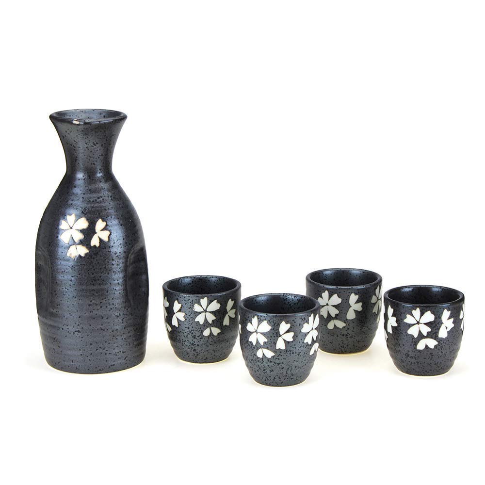 MRKU Service à saké 5 pièces, Ensemble de Tasses à saké japonaises, Tasses en céramique au Design Noir peintes à la Main Traditionnelles, Texture pittoresque, pour thé Shochu Chaud et Froid, Meilleur