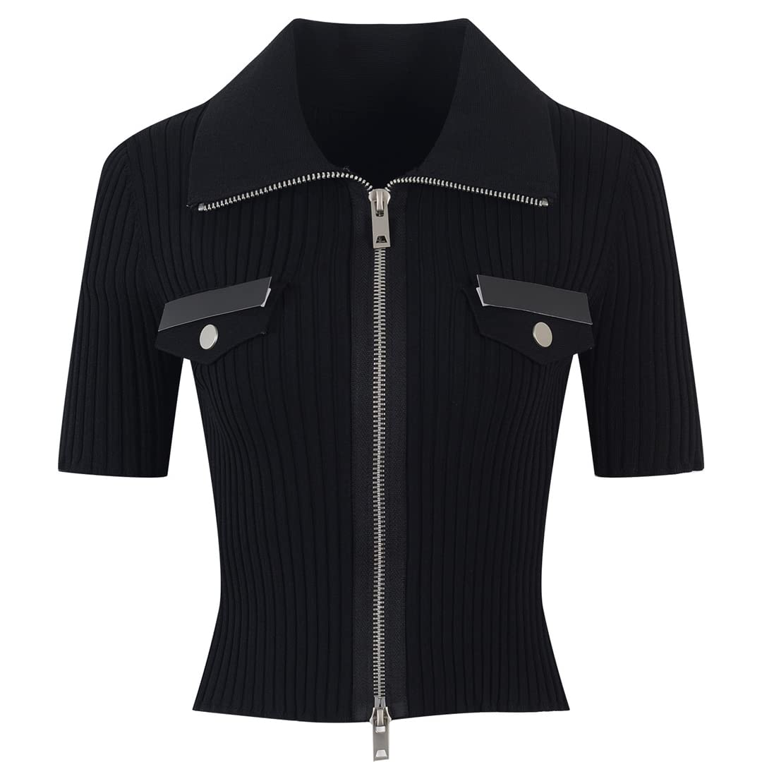 Amazon.com: White Black Knitted Cardigan Zipper Short Sleeve Tops
