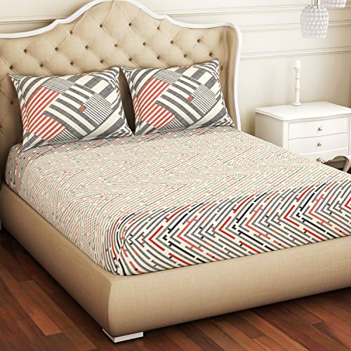 Image of Spaces Atrium 144 TC 100% Cotton Queen Size Fitted Double Bedsheet with 2 Pillow Covers (Geometric, 60 inch X 78 inch Inches ) - Beige