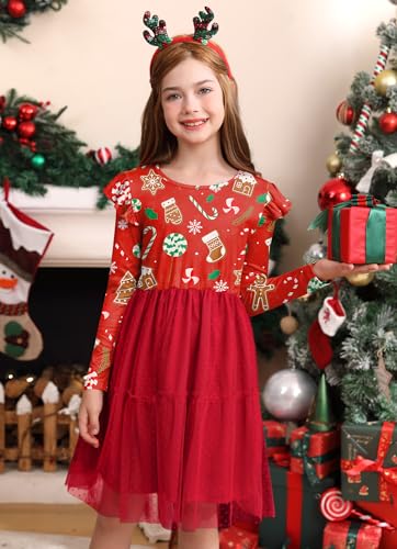 Girls Christmas Tulle Hem Ruffle Sleeve Midi Dress 2-14 Years3