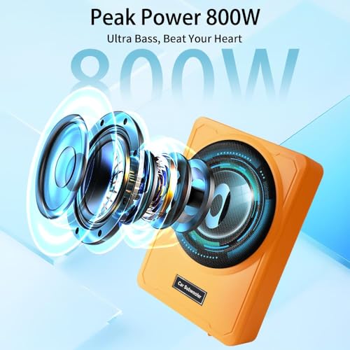 Image of Junsun Slim Under-Seat 10″ 800W Powered Car /Truck Subwoofer & Amp Combo - 220W RMS, Built-in Amplifier, High /Low Input, with Wire Mounting Kit (Vibrant Orange)