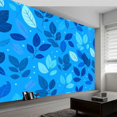 Papel Pintado Panorámico Dibujos Animados Minimalistas 250An x 175Al cm, Tapiz Mural Decoración Salón - Papel Pintado Diseño Moderno Azul Plantas Hojas Rayas para Habitación Infantil Decoración Mural