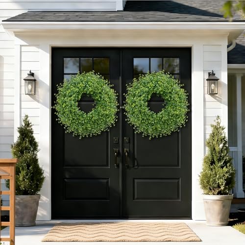 Image of 28 Inch Large Boxwoods Wreaths for Front Door Artificial Green Leaves Greenery Indoor Outdoor Wreath Home Decor Porch Window Wall Farmhouse Door Decorations Spring Summer Fall All Seasons