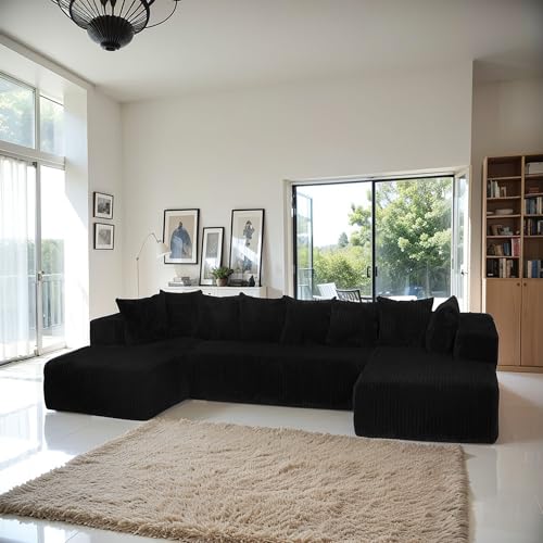 KEIKI 130'' Oversized Modular Sectional Sofa with Extra Wide Chaise Lounge,Comfy Minimalist Plush Corduroy Deep Seat Cloud Couch w/Pillows, for Living Room Office,Black - Image 4