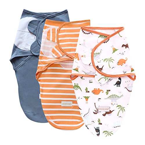 Image of Hooyax Swaddle Blanket for Baby Boys and Girls, Cotton Swaddle Wrap Adjustable Sleep Sack for Newborn Baby, 3 Pack, Navy+Orange Stripe+Dinosaurs Small(0-3 Month)