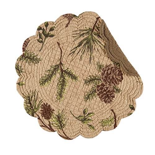 C&F Home Woodland Retreat 17'' X 17'' Quilted Reversible Cotton Placemats Round Table Mat Pinecone Decor Decoration Cabin Rustic Lodge Brown Green Round Placemat Set of 6 Tan