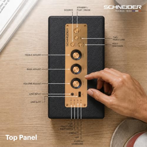 Image of Schneider ENERZA HP60 Wireless Portable Home Audio Speaker | 60W Triple-Driver 360 Sound | Wooden Acoustic Enclosure with Bluetooth 5.4 | Splashproof | Vintage Classic Design - Black