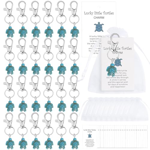 Aotoer 50 Sets Lucky Little Turtle Keychain with White Organza Bag and Greeting Card for Family Friends