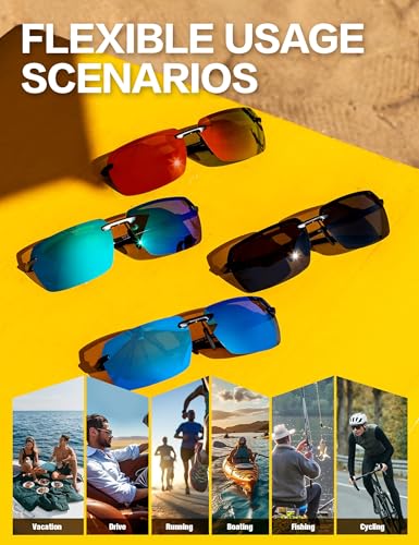 Image of BIRCEN Mens Polarized Sunglasses for Driving: Rimless UV Protection Sun Glasses with Al-Mg Frame for Fishing Traveling Golf