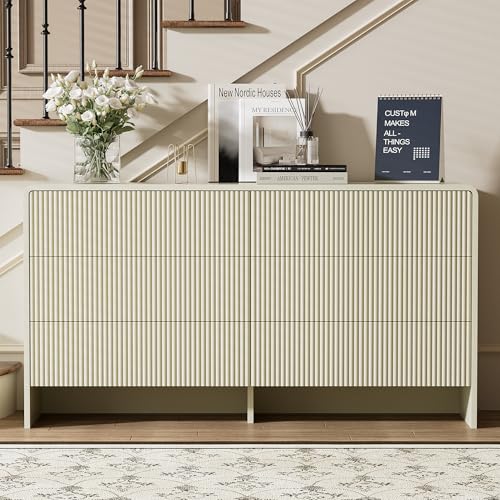 Image of Furniway 55 inch Wide Modern Dresser for Bedroom, 6 Drawer Chest of Drawers with Curved Design, Push-to-Open Storage Dresser, Beige