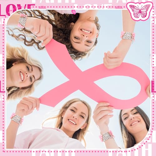 Tondiamo 32 Pcs Breast Cancer Awareness Bracelets Pink Ribbon Bracelet Acrylic Jewelry Gifts Hope Faith Courage Strength Woman Beaded Strand for Survivor Support Campaign Cancer Patients 6