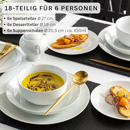 SÄNGER | Tafelservice New Port weiß, 18-teiliges Geschirrset für 6 Personen aus Porzellan, Hochzeitsteller, Speiseteller, Suppenteller | PREMIUM COLLECTION