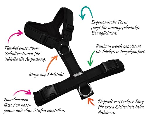 BUMER Hundegeschirr Softshell gepolstert Y-Geschirr Brustgeschirr schwarz verstellbar mit Premium Gurtband und hochwertigen Klickverschlüssen XXS bis XL für kleine und große Hunde (L)