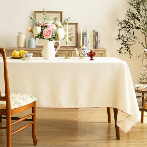 Image of Embroidered Edge Trim Tablecloth - (100% Cotton) 8 Seater Rectangle Tabelcloth- Milk Cream