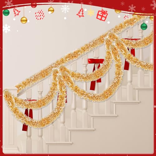 Image of 50ft Gold White Christmas Tinsel Garland Xmas Tree Garland Decorations Metallic Tinsel Glitter Twist Garlands Hanging Streamers for Indoor Holiday Decor