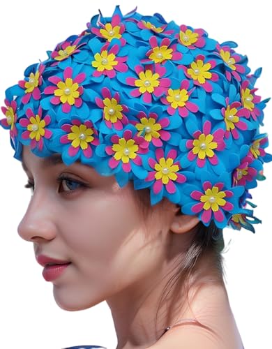 Medifier Badekappe mit Blumenmuster, Retro-Stil, für Damen, (Blau)