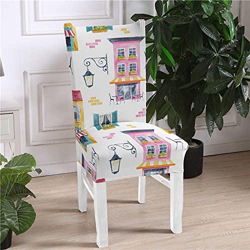 Fundas De Sillas Comedor Elásticas,Pink Cute Architecture Arte Moderno Elástico Extraíble Lavable Protector De Silla Fundas De Asiento Para Comedor Banquete Fiesta Decoración Para El Hogar,Im Cover
