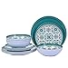 Juego de vajilla de melamina, 12 platos y cuencos para exteriores e interiores, servicio para 4, apto para lavavajillas, flores verdes