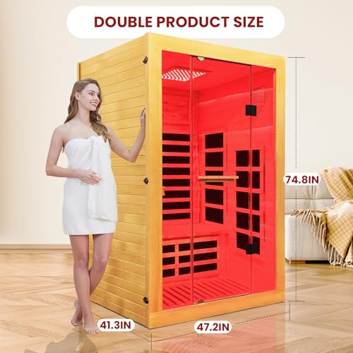Image of OUTEXER Infrared Sauna 2000W Wooden Saunas Home Spa Room Canadian Hemlock Wood Low-EMF Indoor Saunas with with Red Light Beauty Lamp for Two Person 74.8 * 47.2 * 41.3Inch