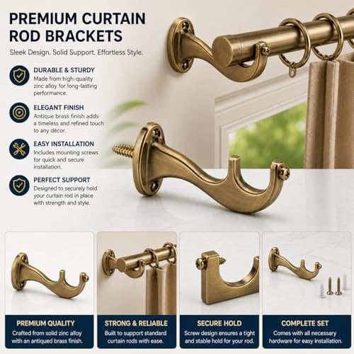 Image of Elite Aluminum Curtain Rod Brackets - Heavy-Duty Wall Mount Clamps for Curtain Rod Support for Door and Window Curtain Rods with Screw and Wall Plug - Pack of 2PCS (Royal Antique Brass)