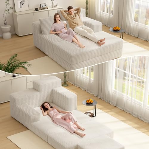 Neoriver Chaise Lounge Chair Indoor 60'' x 54'', Oversized Sofa Bed Sleeper, High-Density Foam Cloud Couch with Dual-Height Armrests and 2 Pillows for Living Room, Bedroom, Reading Room(Warm White)