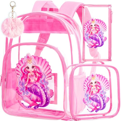Image of AGSDON 3PCS Clear Backpack for Girls, Kids Mermaid Transparent Bookbag Heavy Duty, Cute See Through Backpacks with Lunch Bag - Pink