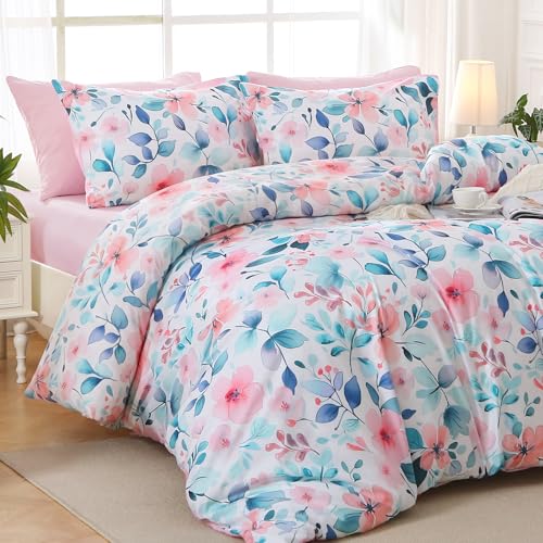 Image of MUXHOMO Pink Blue Branch Full Comforter Set, Elegant Floral Print Bed in a Bag 7 Pieces, Ultra Soft & Breathable Reversible Botanical Pattern Bedding Set with Comforter, Sheets, Pillowcases, and Shams
