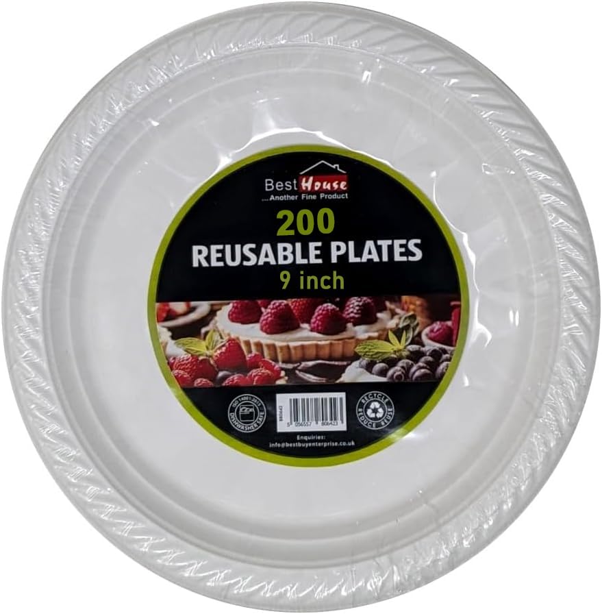 Best House 9 inch Plastic Plates Reusable Lightweight White Plastic Plate, Microwave and Dishwasher Safe - Lunch & Dinner Plates for Catering, Events, Parties, and Everyday Use (Pack of 200)