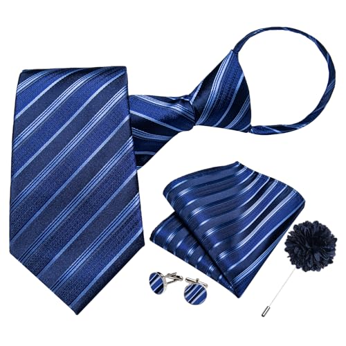 Image of DiBanGu Mens Zipper Tie Silk Pre-Tied Necktie with Gift Box | Jacquard Woven,Paisley Solid Plaid Pattern,6PCS with Pocket Square,Cufflinks and Lapel Pin,for Wedding Party Formal Business