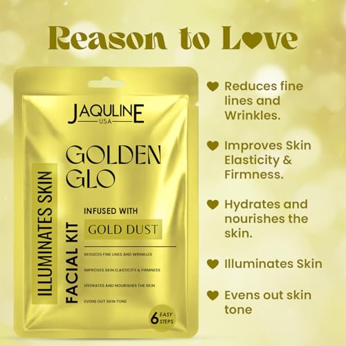 Image of JAQUILINE USA Golden GLO Gold Dust Facial Kit | Enriched with Gold Dust & Aloevera | Brightening & Anti-Ageing Skincare | Evens Skin Tone & Boosts Radiance | For Men & Women , 32g