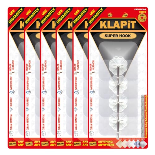 Image of KLAPiT Super Hook - Heavy Duty Self Adhesive Wall Hooks, Holds Up To 5kg, Waterproof, No Damage, Easy Installation on Tiles, Wood, Stone, Glass and Metal, Made of Steel (Clear, 24 Pack)
