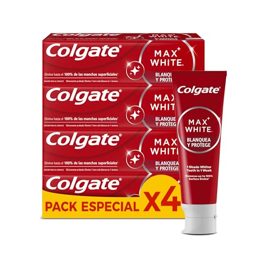 Colgate Max White Blanquea y Protege Pasta de Dientes 4 x 75ml, Dentífrico Blanqueador, Elimina hasta el 100% de las Manchas Superficiales, Dientes 1 tono más Blancos en 1 Semana