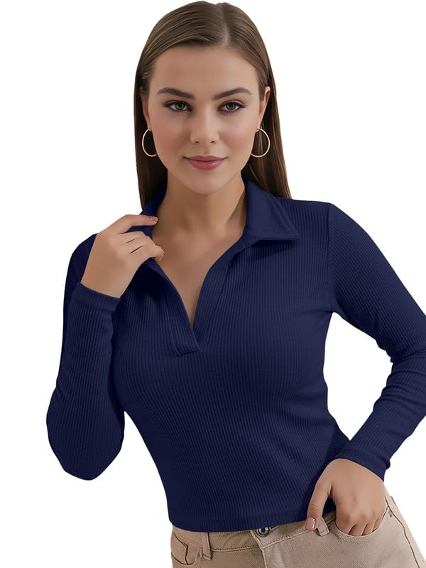 Image of Dream Beauty Fashion Women's Collared Neck Long Sleeve Slim Fit Casual Tee Top, 23 inch inches (Apple-01-P)
